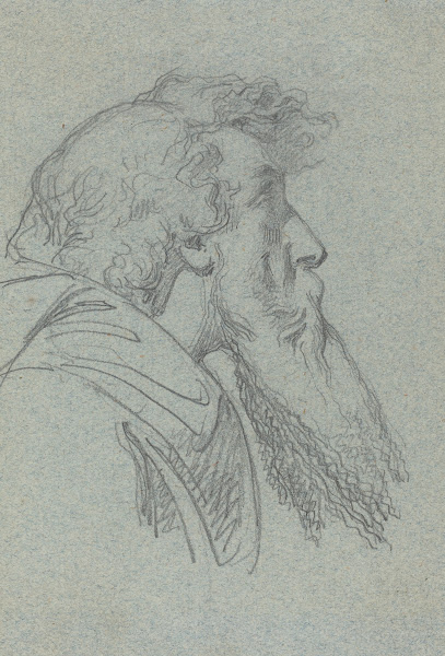 Bearded Man Looking Up  Cloaked Figure with Raised Arms