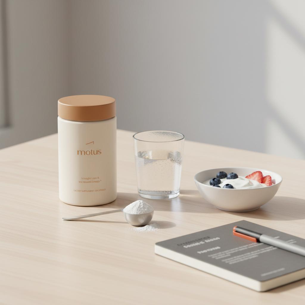 Motus supplement container on a wooden breakfast table with a glass of water, spoon of protein powder, Greek yogurt with berries and a notebook — best protein powder for weight loss