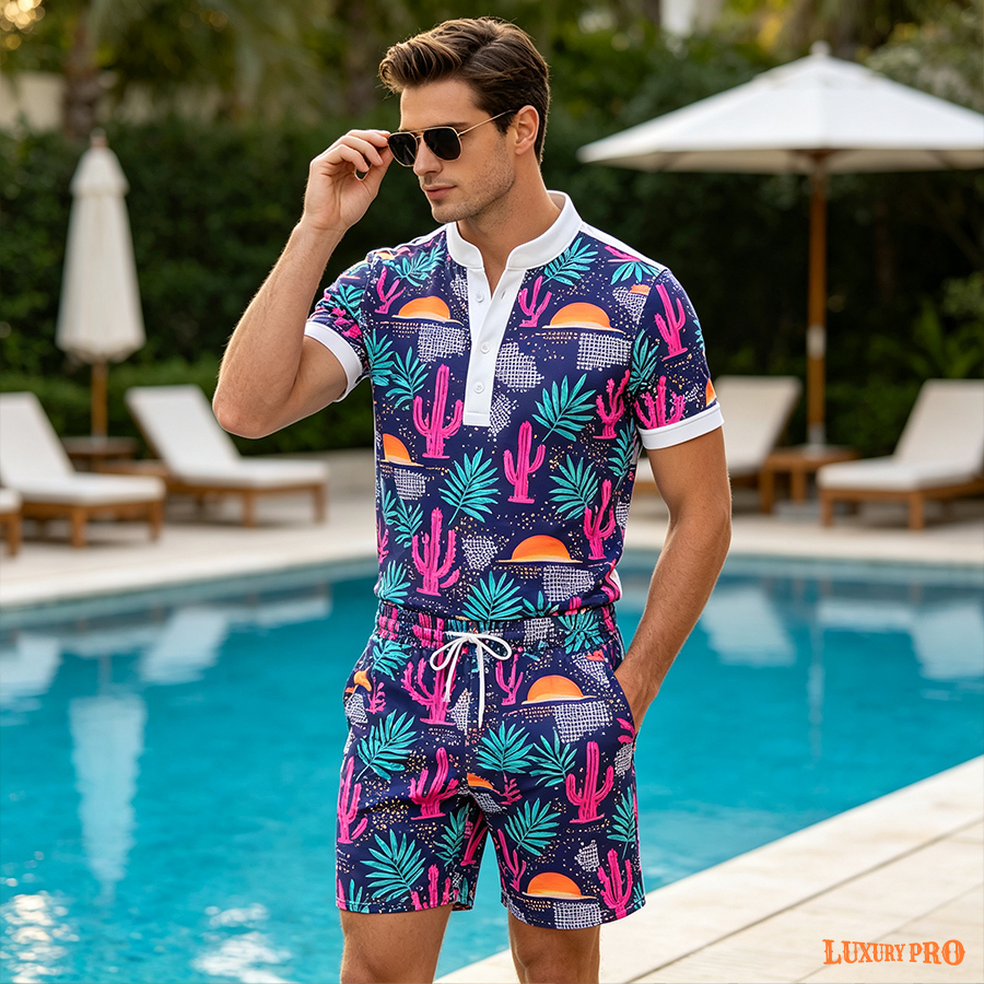 AOP SON Three Button POLO+All Over Beach Pants - Bird Eye Fabric
