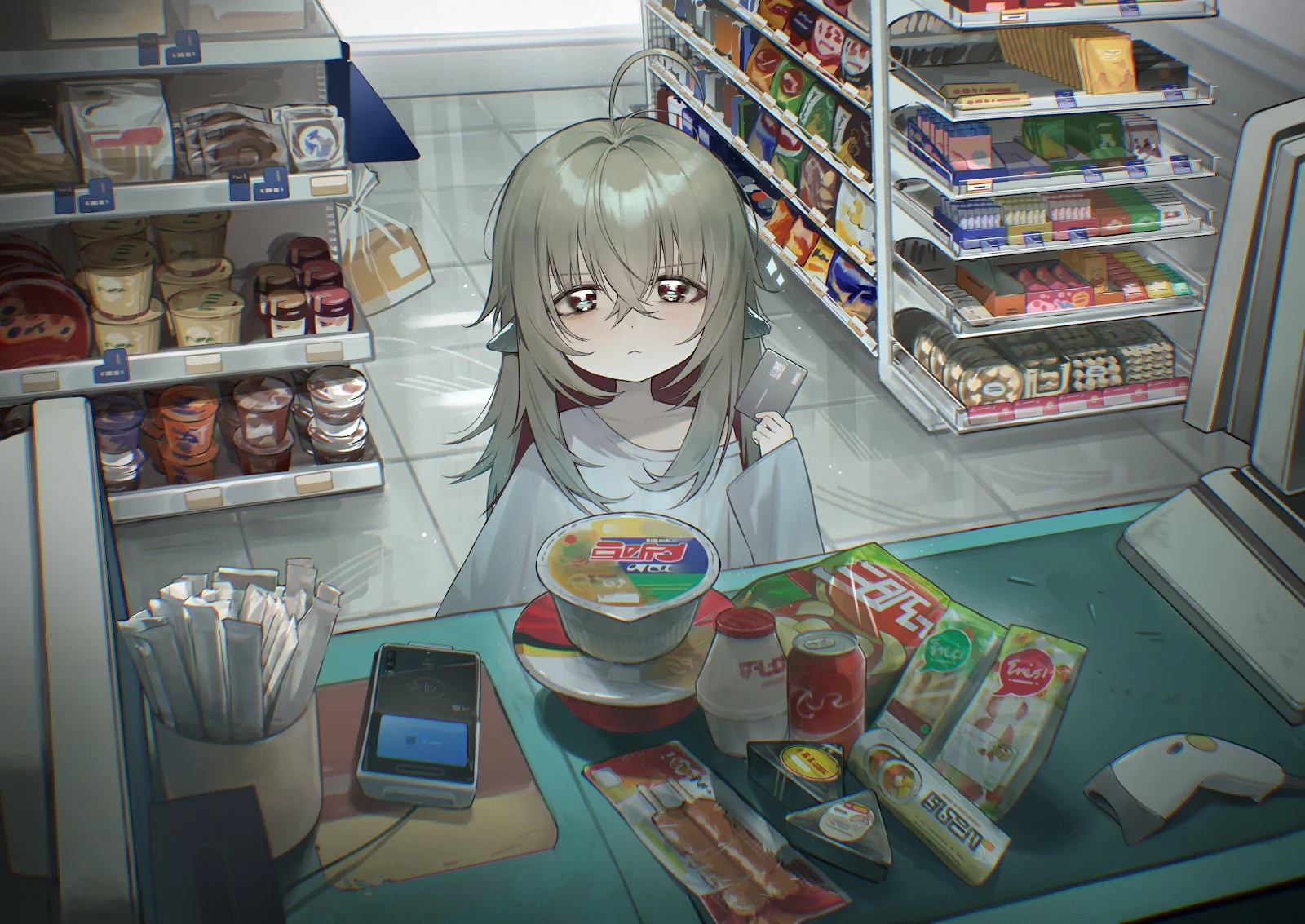 Corin in Convenience Store - Digital Anime Illustration 4K Wallpaper (4096x2900)