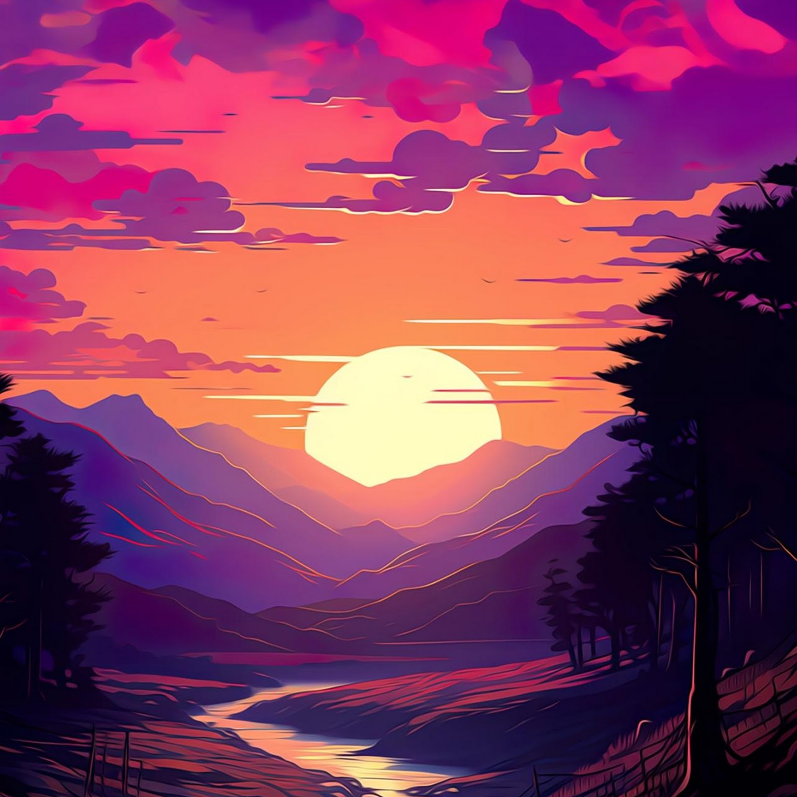 Download Vibrant Mountain River Sunset Full HD iPhone
