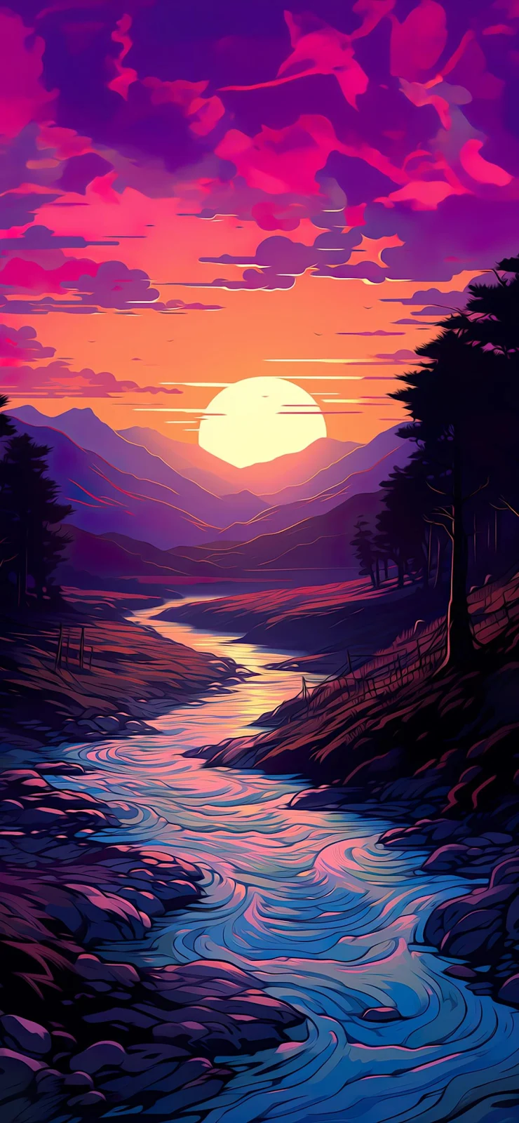 Vibrant Mountain River Sunset - Digital Illustration Full HD iPhone Wallpaper (1284x2778)