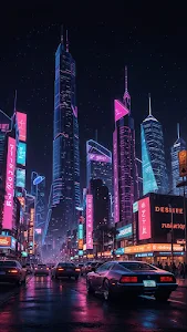 Futuristic City with Neon Skyscrapers at Night