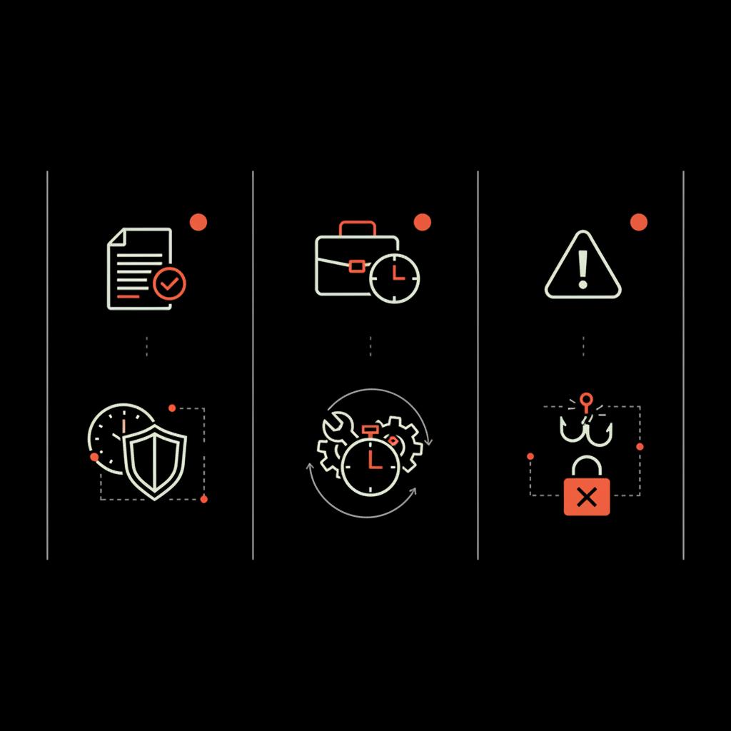 Compact 2D vector infographic with three icon columns for free steps, when to hire, and scams to avoid on a black background — Facebook account recovery cost