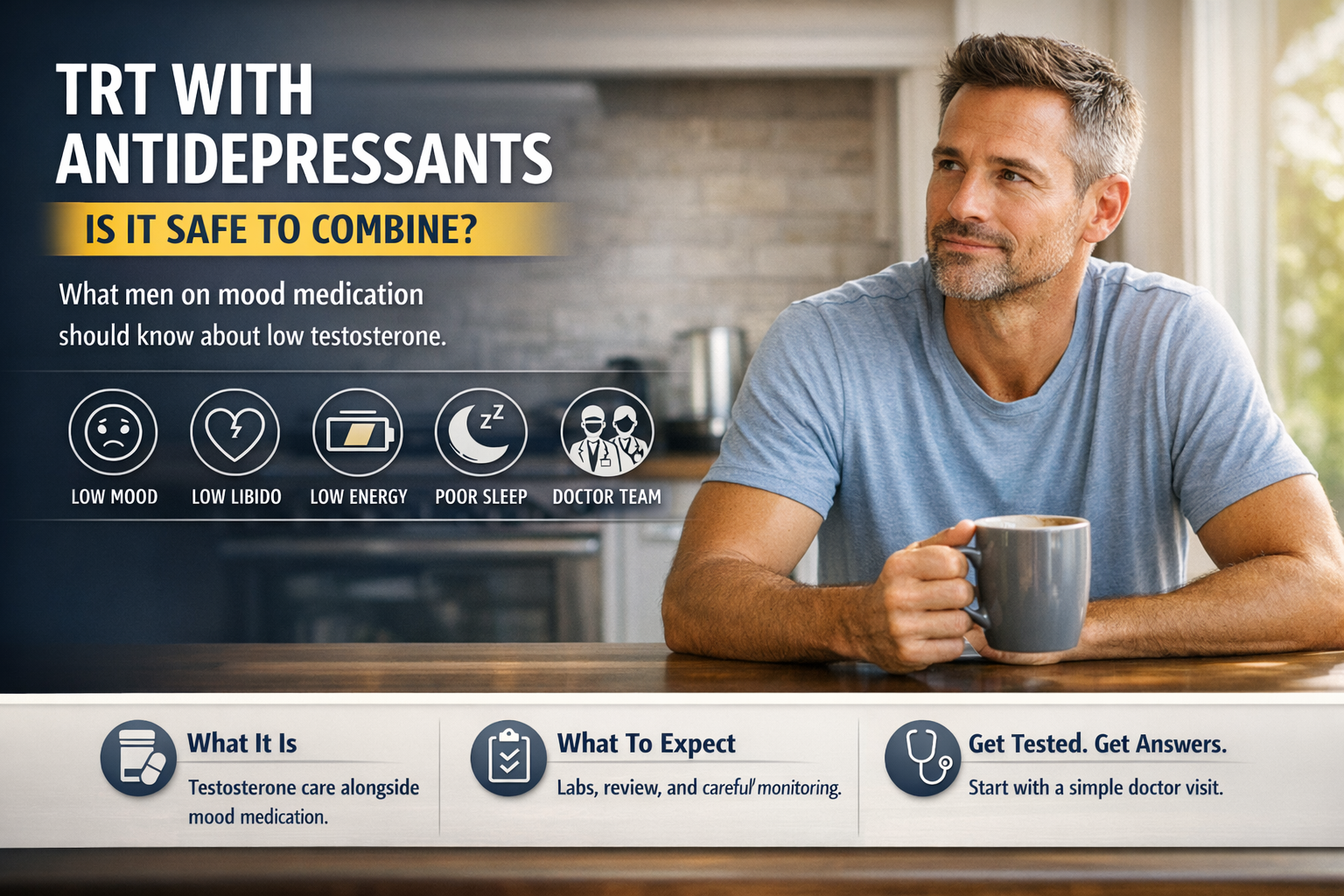 Can You Take TRT With Antidepressants? What Men Should Know — AZTRT Arizona TRT clinic blog cover showing a man at a kitchen table with a coffee mug and a TRT with antidepressants infographic