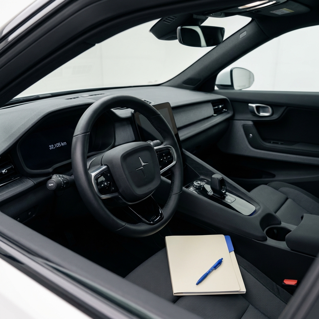 Close up tidy car interior showing dashboard steering wheel odometer and service folder on passenger seat accented with blue pen brand color trade-in vs private sale