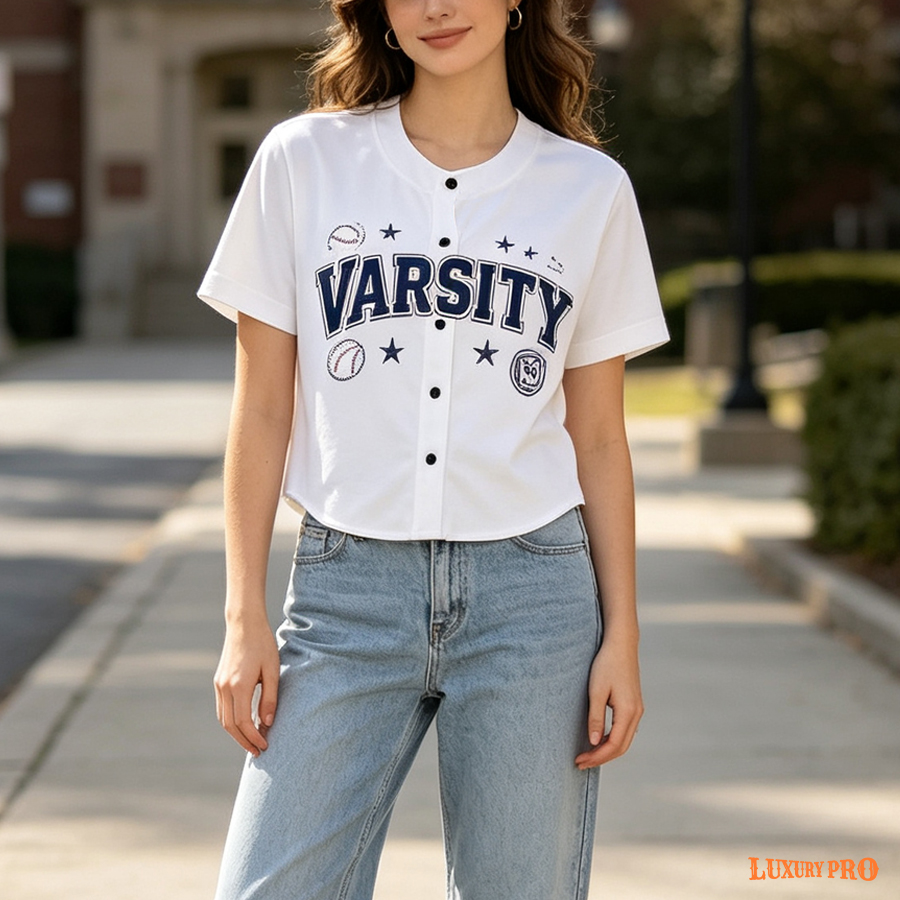 AOP Crop Baseball Cardigan Printed Tape