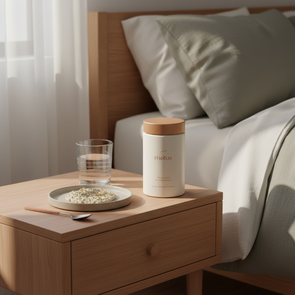 Minimalist bedside scene with Tonum Motus supplement jar next to a glass of water and a small plate of oats and chia in morning light, promoting a flat belly in 2 weeks.