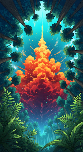 Anime Forest Canopy Framing a Fiery Sky Cloud Burst - Free mobile Wallpaper