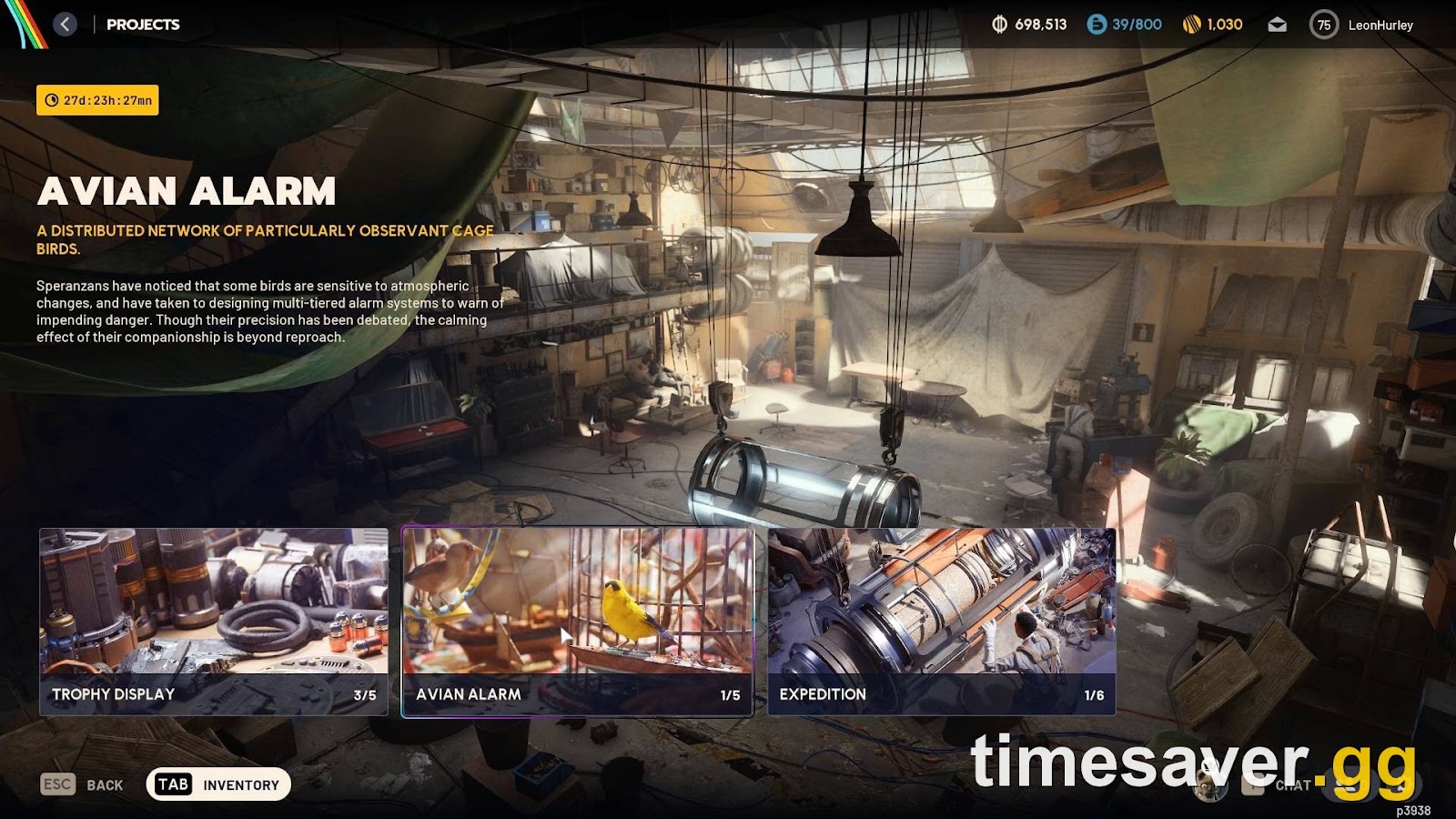 ARC Raiders Projects overview screen showing an active Avian Alarm progression goal before Frozen Trail