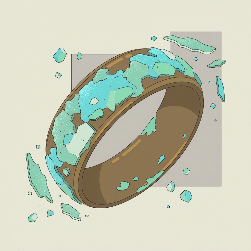 Macro 2D vector of powdery blue green corrosion crystals and flaking on a roman bronze ring fragment on warm beige background ede7da