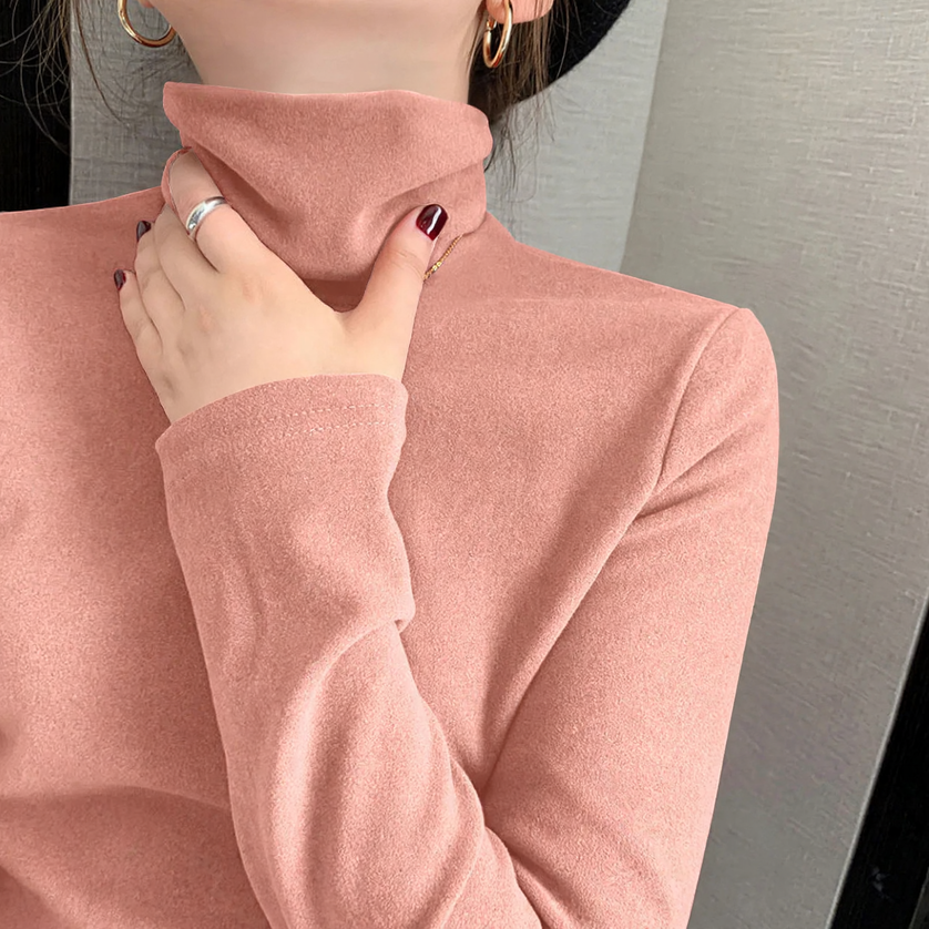 Women's turtleneck long sleeve shirt with double-sided fleece