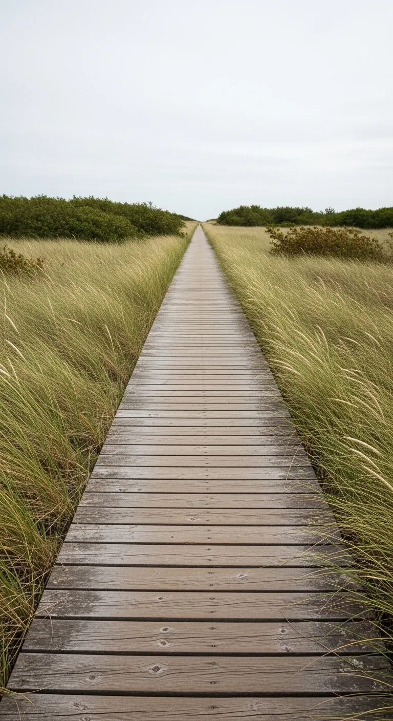 Straight Wooden Board Path Leading Through Grassy Dunes Under a Cloudy Sky - Free 4K mobile Wallpaper