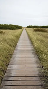 Straight Wooden Board Path Leading Through Grassy Dunes Under a Cloudy Sky