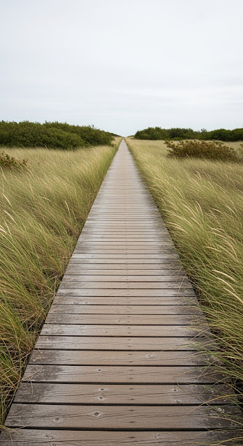 Straight Wooden Board Path Leading Through Grassy Dunes Under a Cloudy Sky - Free mobile Wallpaper