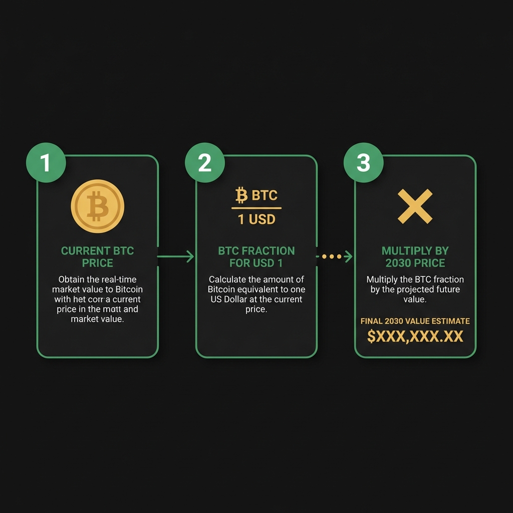 Minimalist Finance Police chart showing three step conversion from current BTC price to BTC fraction for USD 1 to final 2030 value using brand colors crypto market live
