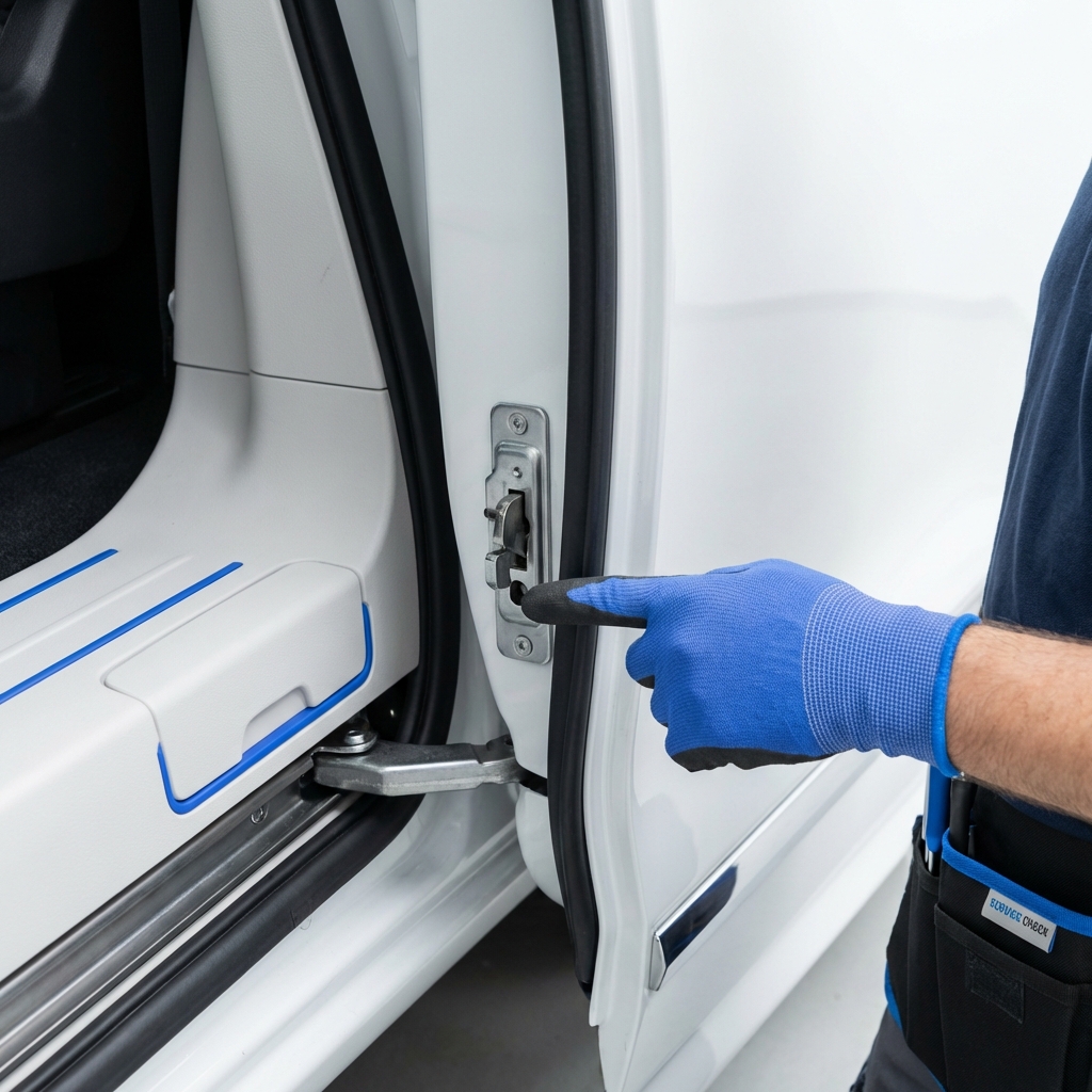 Close up of sliding door track and latch with a technician pointing during inspection of a minivan interior for toyota sienna for sale