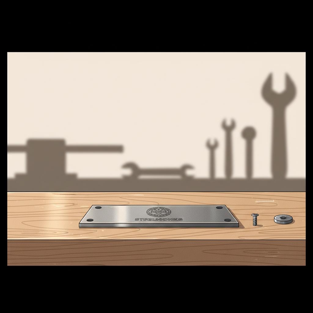 Nahaufnahme einer Werkbank mit geöltem Holzbrett und graviertem Metallstück, dezente Akzente in #ff9800 und #0044CC im minimalistischen 2D Vektorstil – geschenke für handwerker ideen
