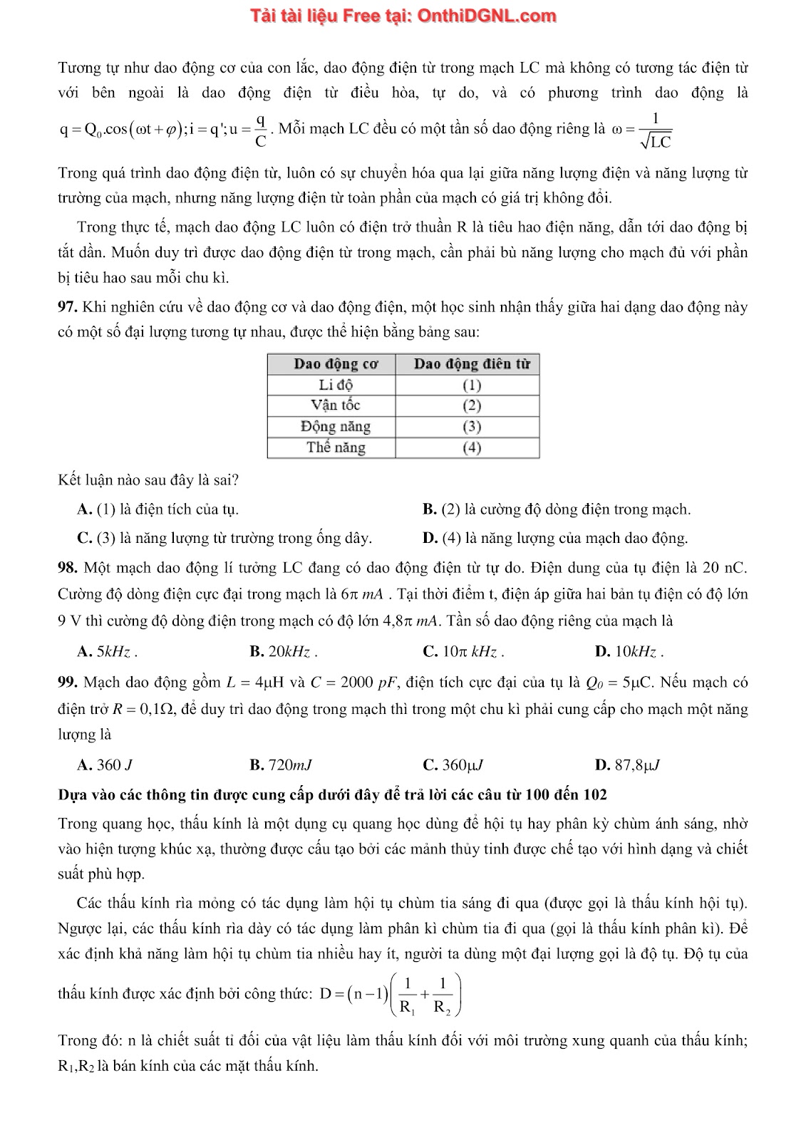 300 bài tập môn Vật Lý - Ôn thi ĐGNL ĐHQG TPHCM Phần 10