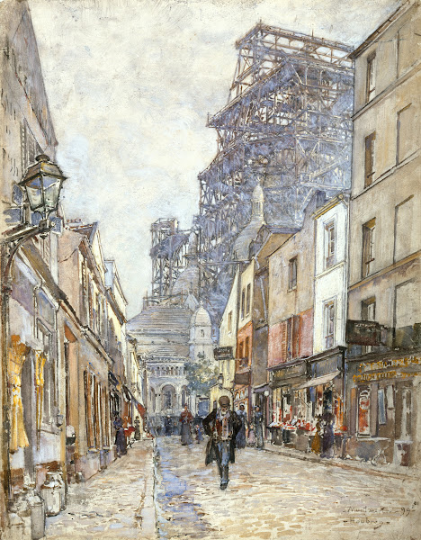La rue du Chevalier de la Barre avec le Sacré Cœur en construction 1899
