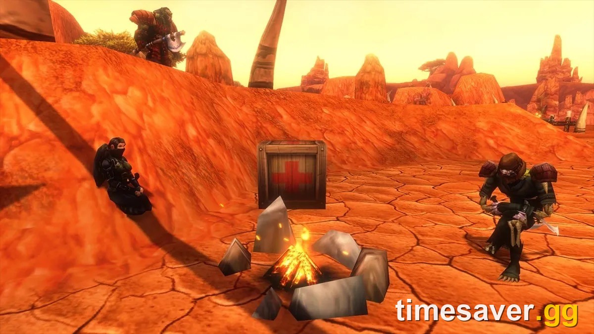 Horde players sitting at a Basic Campfire with a First Aid Kit camp feature in Durotar during the WoW Forever beta