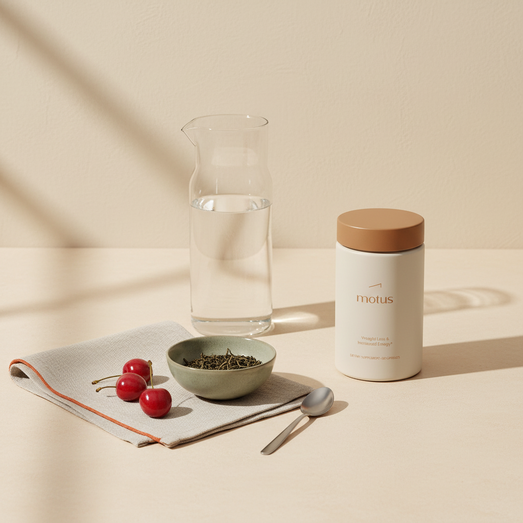 Tonum Motus supplement jar beside glass carafe, folded linen napkin and bowl of tart cherries with green tea leaves on beige background — cortisol drink for belly fat