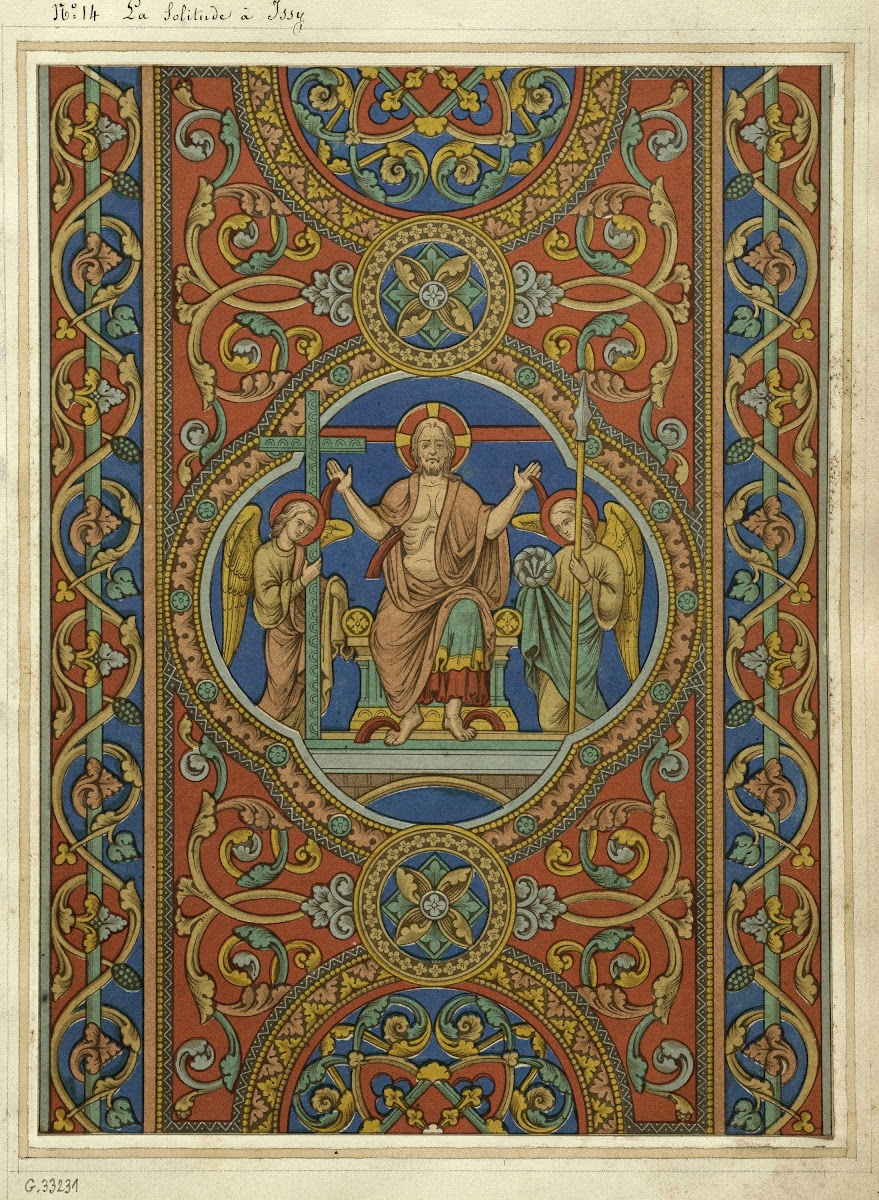 Motifs de vitraux La Solitude à Issy Christ entouré danges portant les instrumen