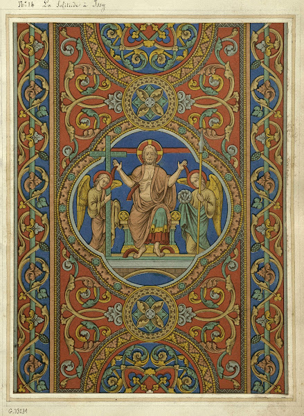 Motifs de vitraux La Solitude à Issy Christ entouré danges portant les instrumen
