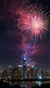 Fireworks Burst Over New York City Skyline at Night