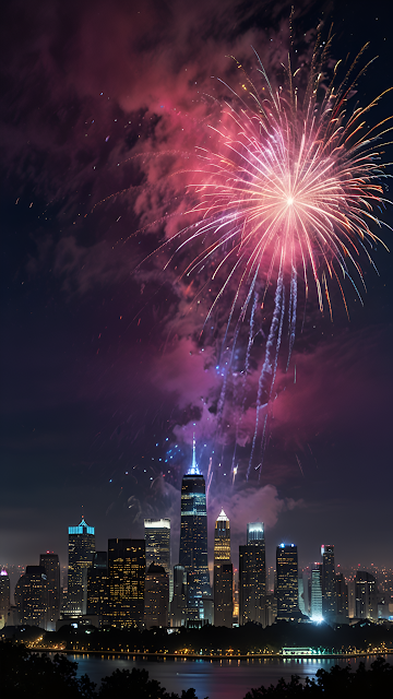 Fireworks Burst Over New York City Skyline at Night - Free mobile Wallpaper