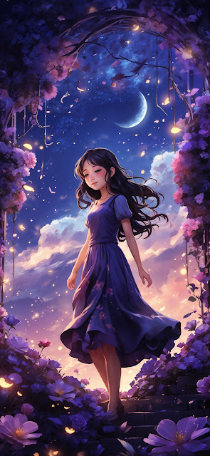Girl in Purple Dress Under Starlit Floral Archway - Free mobile Wallpaper