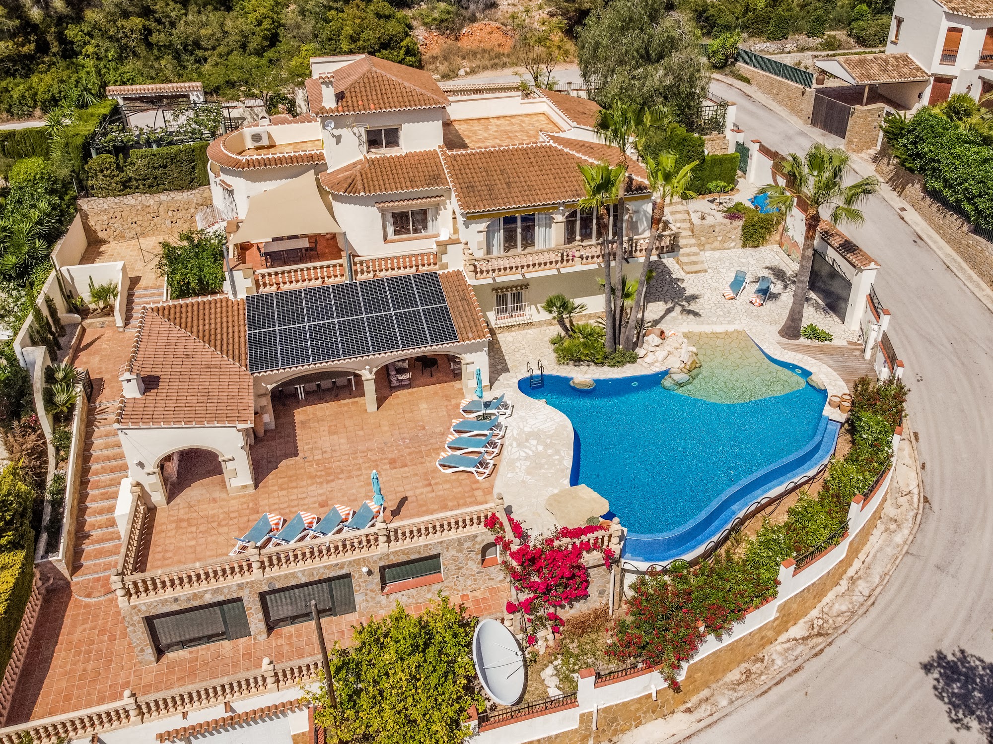 Aerial view of the villa and pool