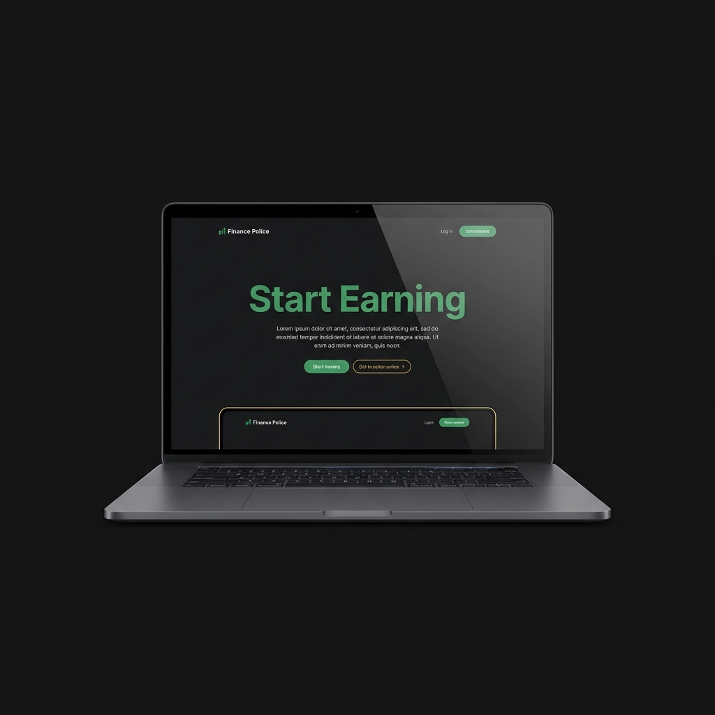 Close up laptop full frame on dark background showing clean landing page that reads Start Earning with green accents and gold highlight illustrating how to make $2000 a month