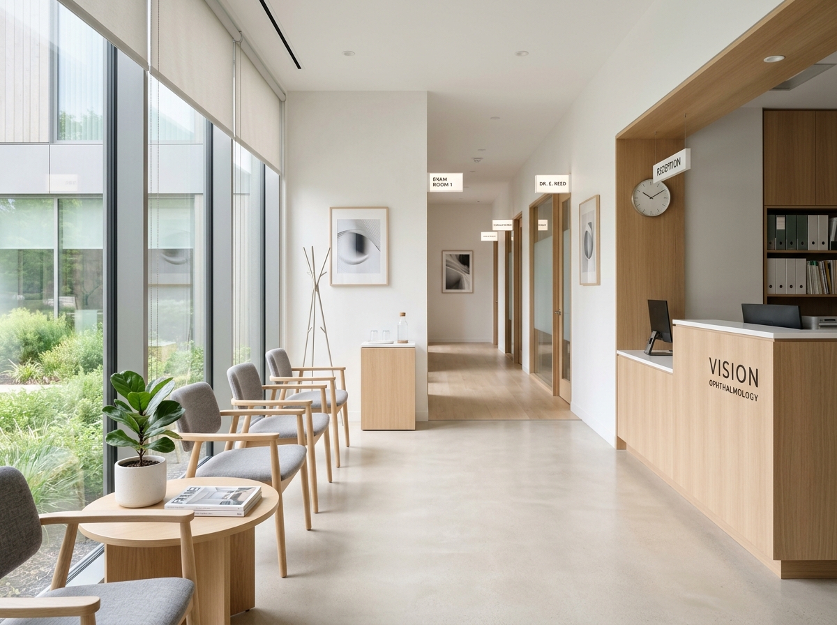 ambiance clinique médicale lors d'une consultation ophtalmologique préopératoire