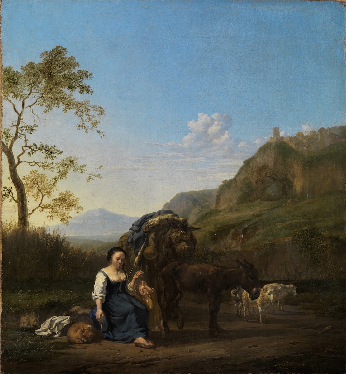 Spinnende Bäuerin in italienischer Berglandschaft 1662 1664