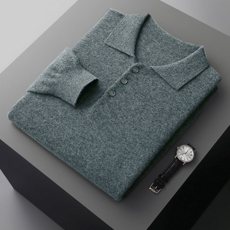 Men's Wool Sweater, Polo Collar, Long Sleeve, 350g