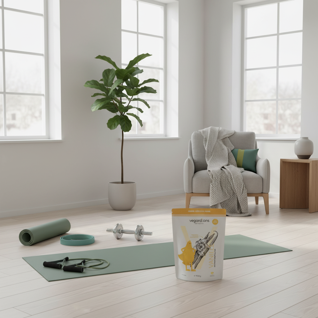 Minimalistische Heimtrainingsszene mit Yogamatte, Kurzhanteln, Widerstandsbändern und Vegardians-Produkt im Wohnzimmer – ideal für Krafttraining zum Abnehmen.