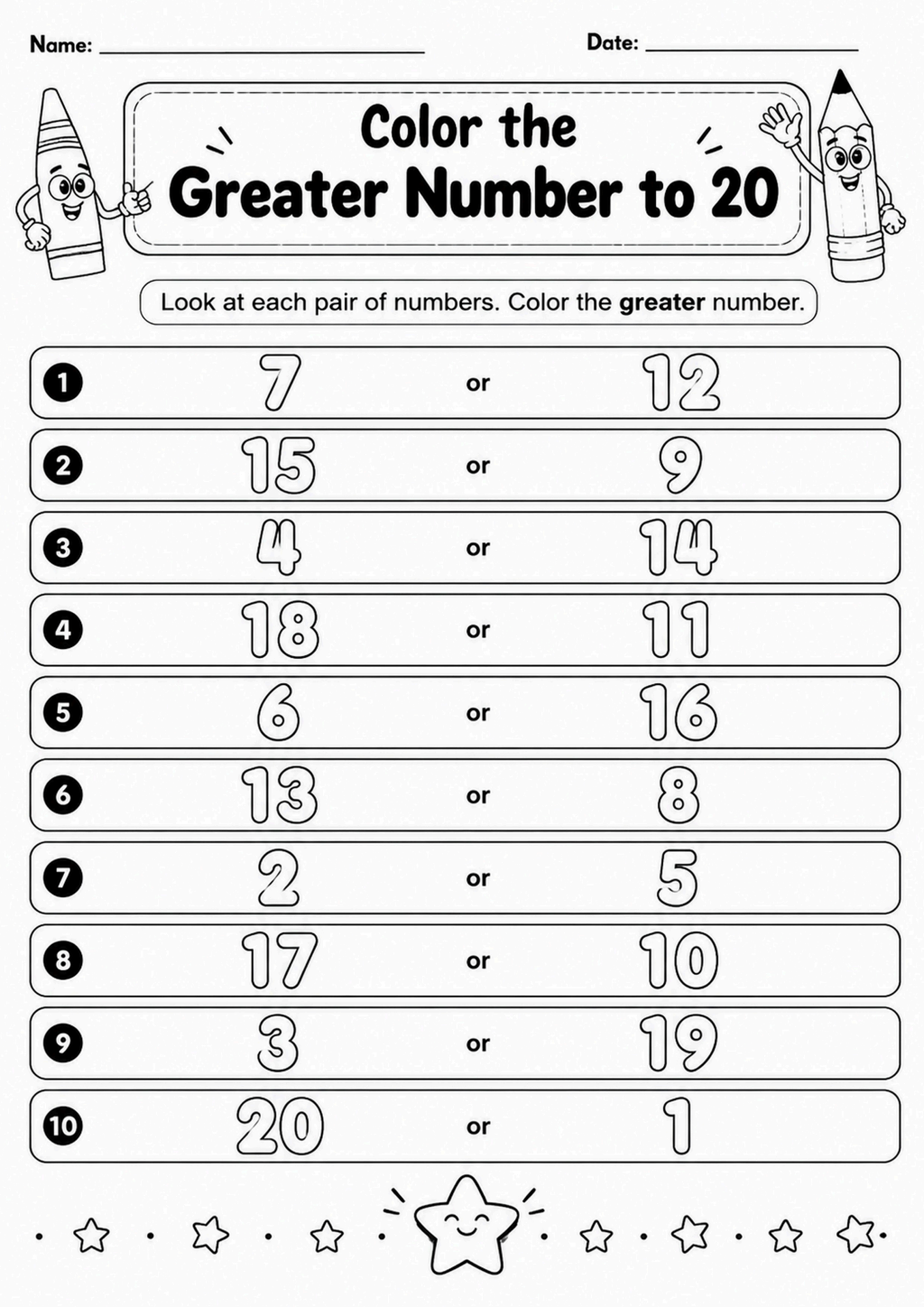 Color the Greater Number to 20 Worksheet