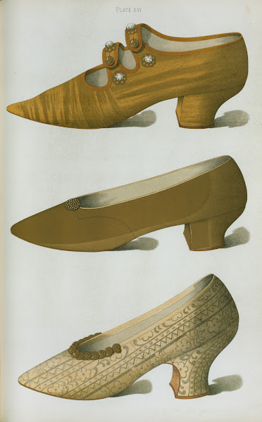 Shoe of cloth of gold with gilt buttons and crystal studs and elongated toe 1900