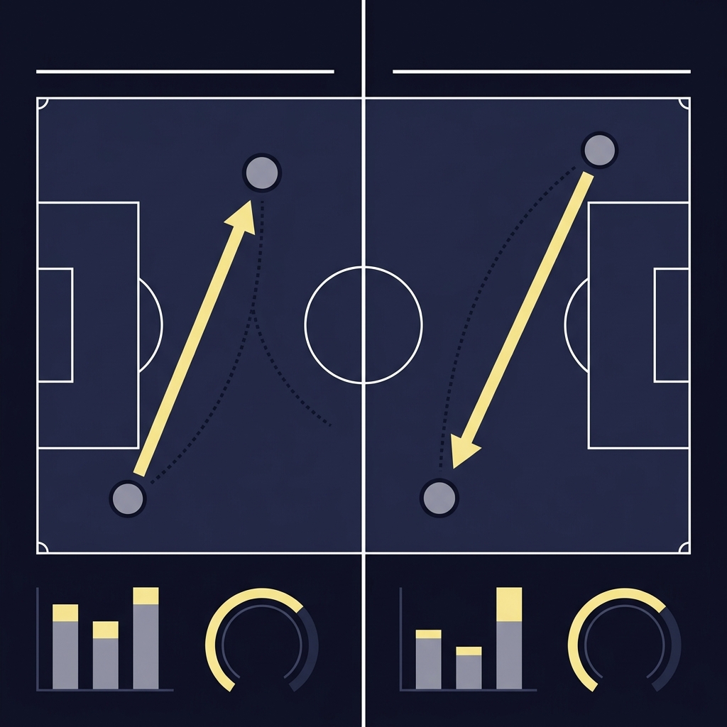 Minimal split screen vector illustrating a midfielder progressive pass and a defender clearance with minimalist icon bar charts representing per 90 stats benfica prediction