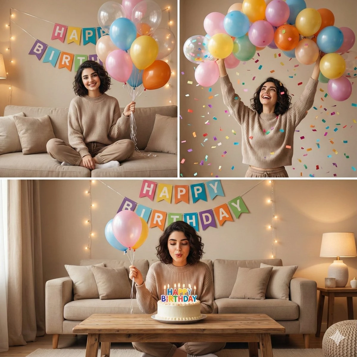 Collage acogedor de celebración de cumpleaños en interiores con múltiples momentos de la misma mujer.