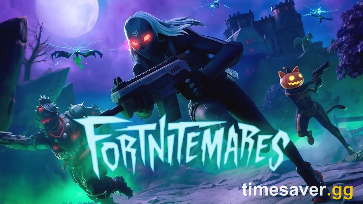 Fortnitemares Halloween promo art showing a haunted, night-time Fortnite scene