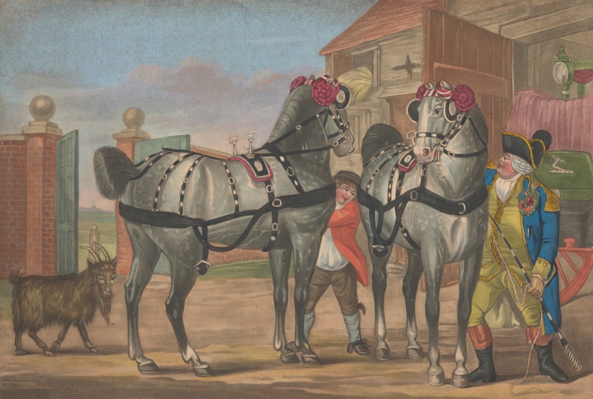 Coachman and stable hand near two coach horses