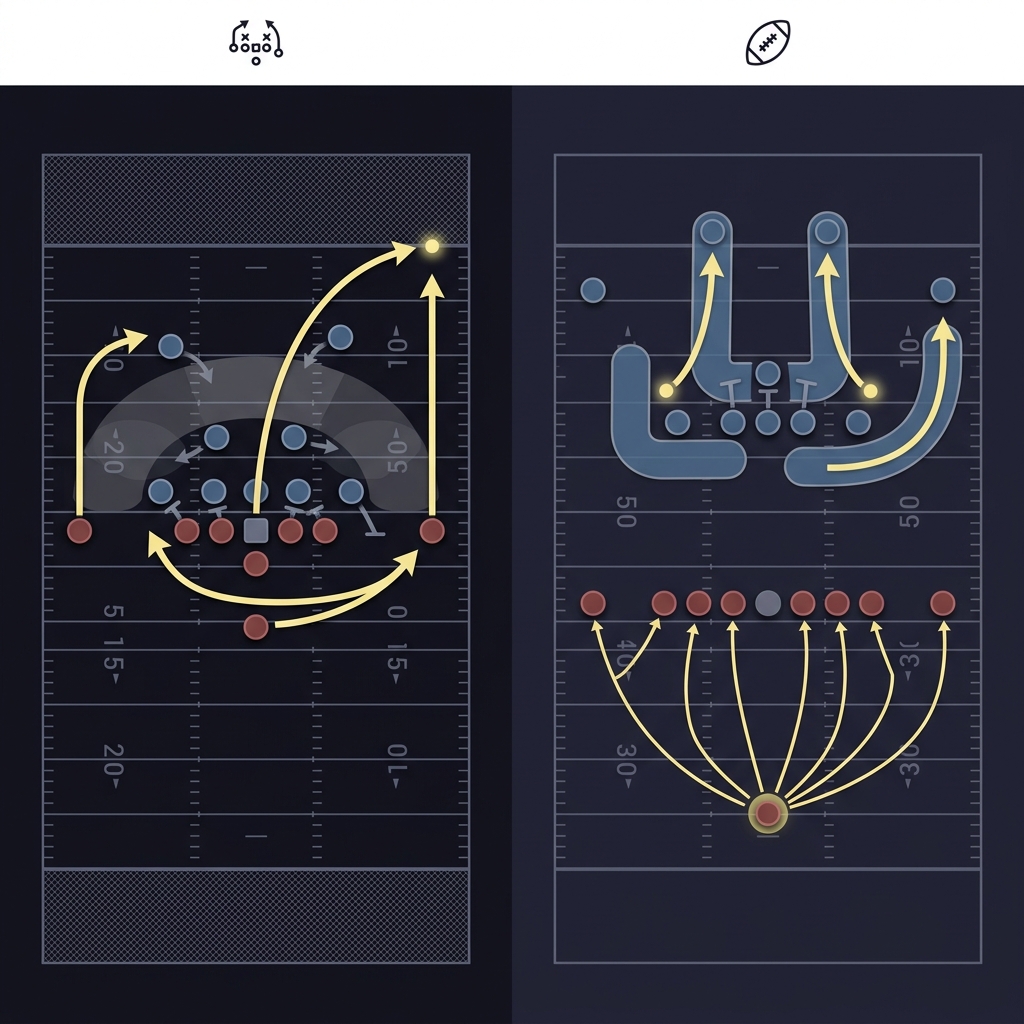 Minimal split infographic showing red zone play sequence left and kickoff formation right in Funded Plays dark palette with yellow accents chargers chiefs prediction