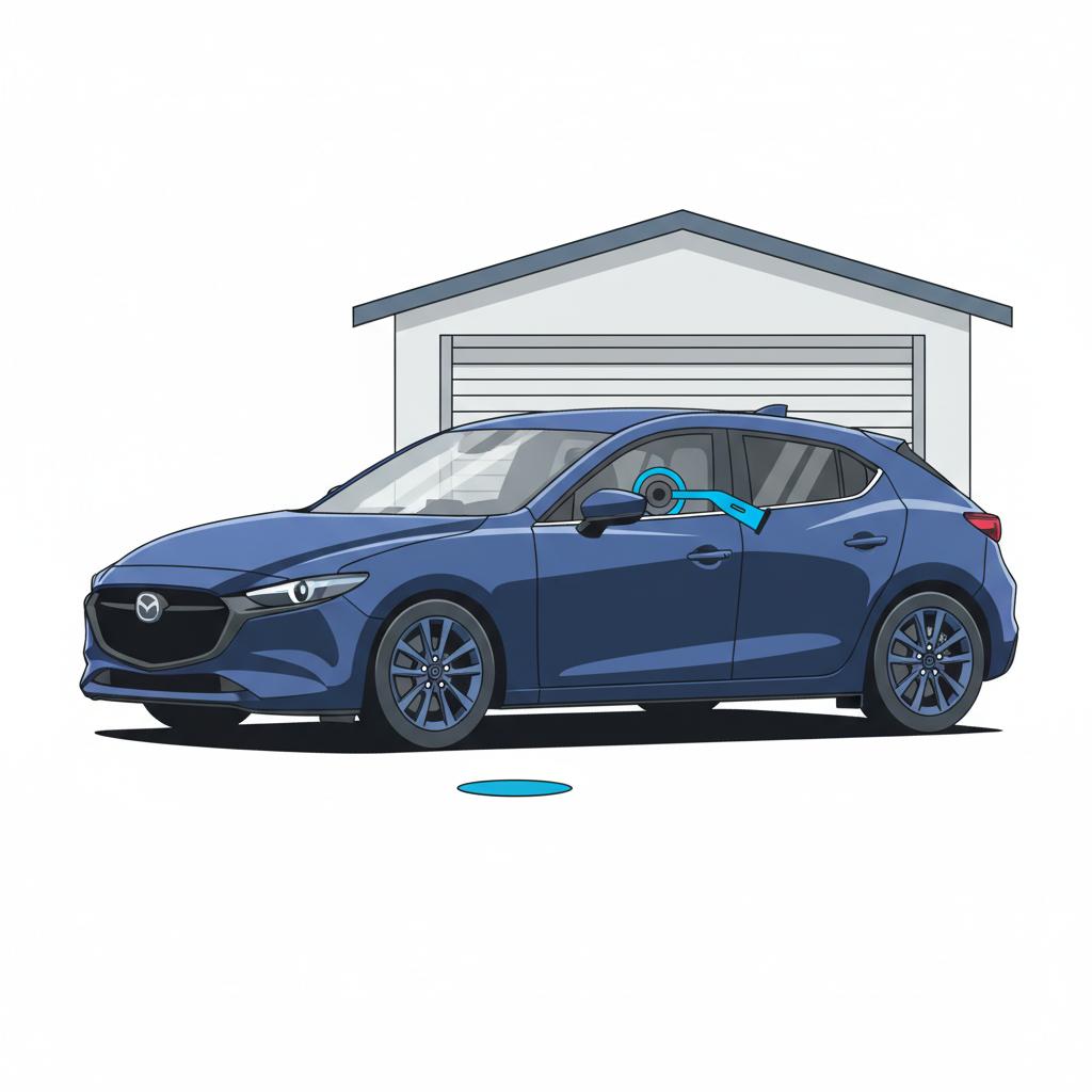 Minimalist 2D vector of a Mazda 3 parked on a suburban street showing a visible steering wheel lock and a home garage in the background for Mazda 3 insurance