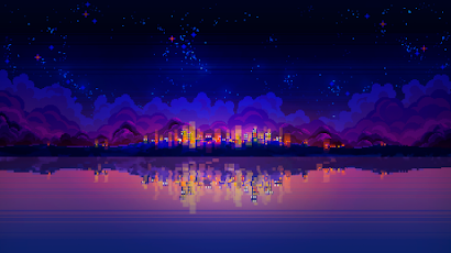 Pixel Art, City, Building, Water, Clouds 4K Wallpaper Background