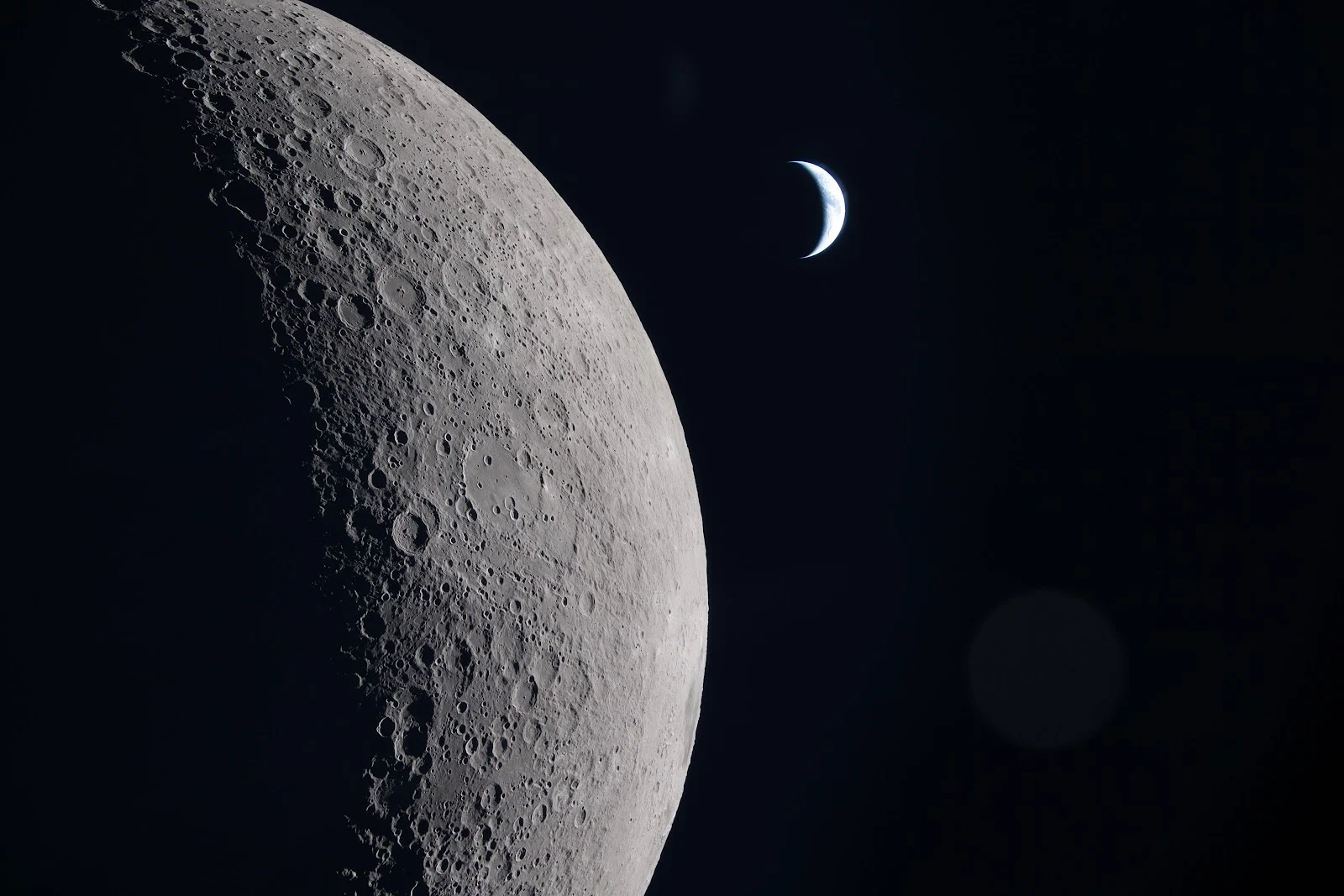 Cratered Moon and Crescent Earth - Space Photography 5K Wallpaper (5297x3531)