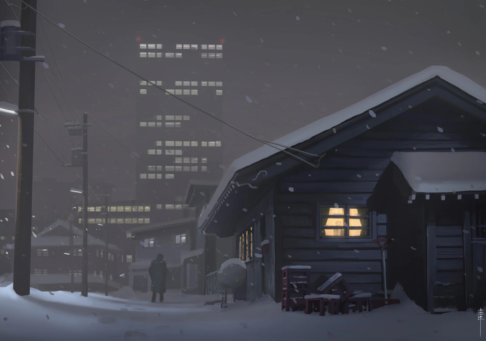 Snowy City Street at Night - Digital Painting 4K Wallpaper (3840x2700)