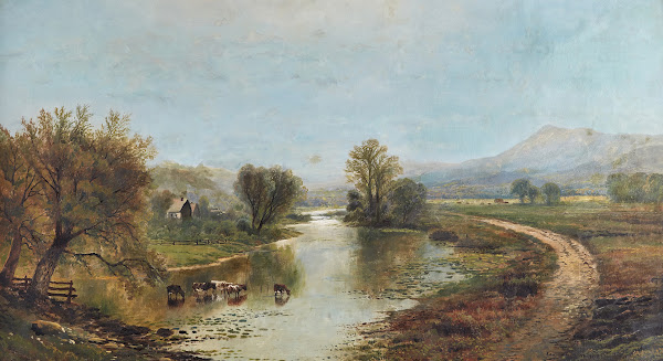 Panoramic Landscape With Farms River Cows And Mountains 1872