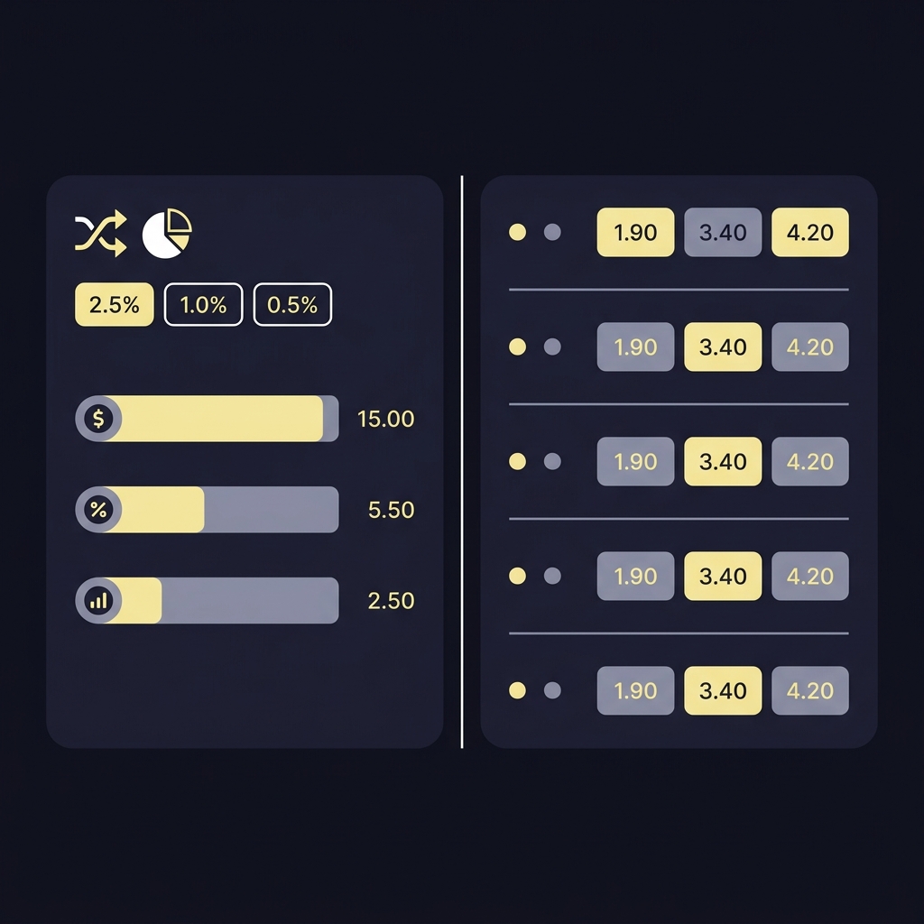 Minimal 2D vector split screen of exchange commission panel and sportsbook odds board illustrating no vig odds in Funded Plays color palette full bleed no text or logos